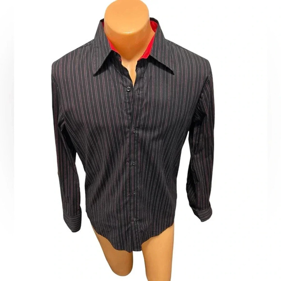Pop Icon Clothing Men's Sz Med Black w/Red Stripe Long Sleeve Button Down Disco - Picture 3 of 10